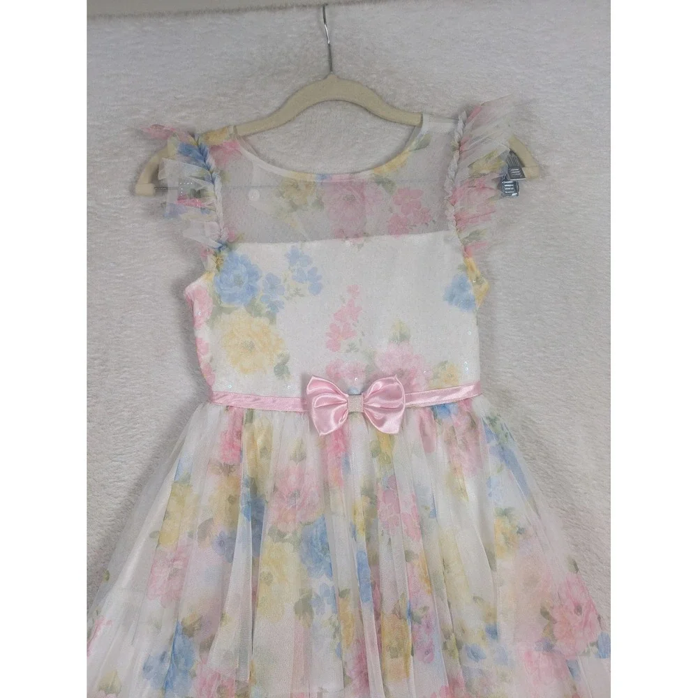 Jona Michelle Party Dress Girl's Size 7 White Floral Sequin Tiered Tulle Bow